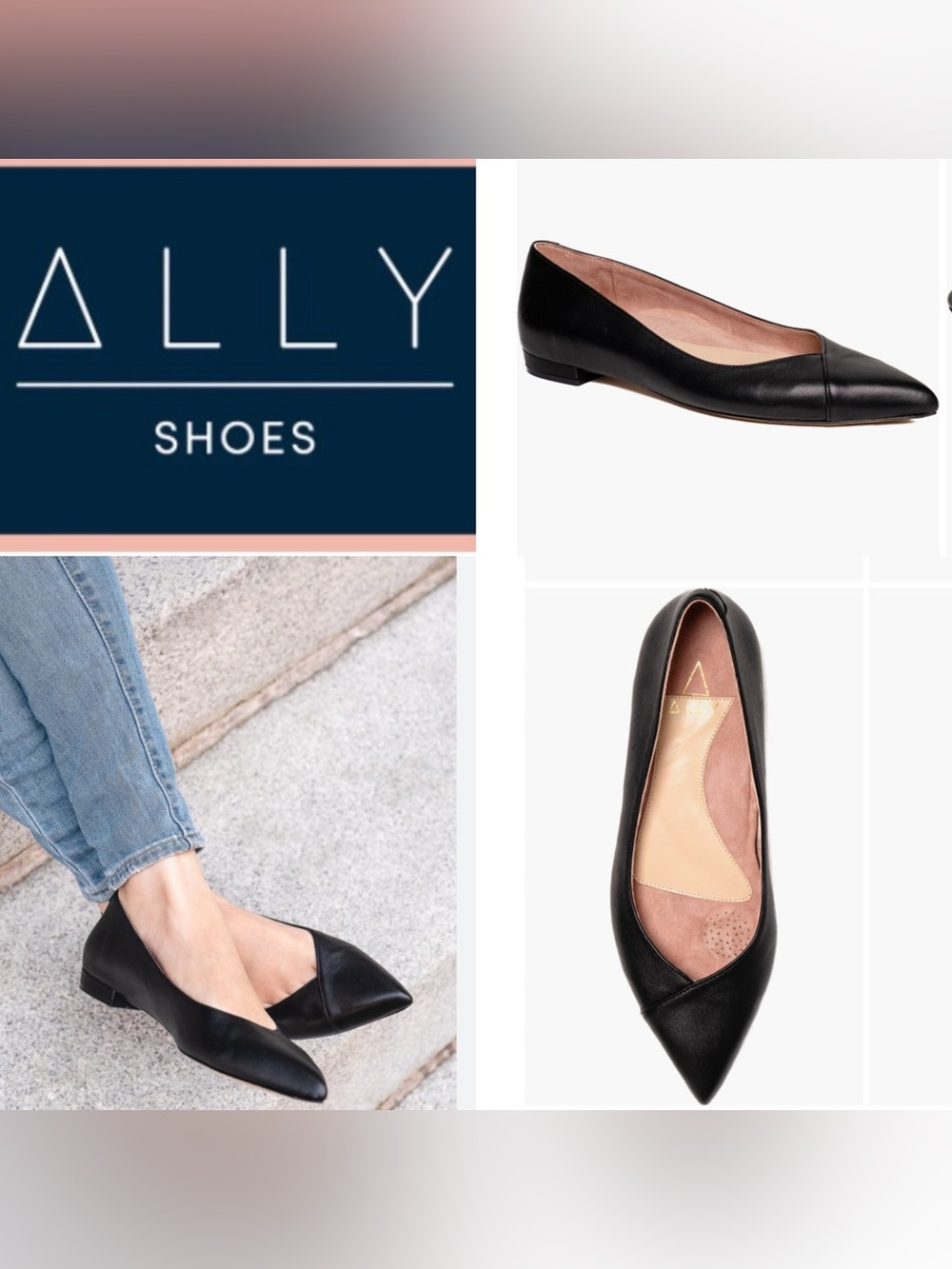 ALLY BLACK Leather Forever POINTED  Flats SIze 39 C / 8.5 W classic quiet luxury